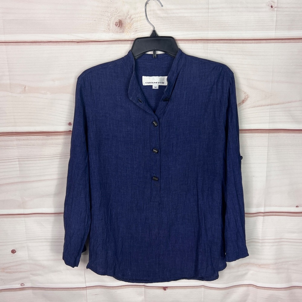 Caroline Rose Top Womens M Blue 1/2 Button Shirt Long Sleeve Solid Pullover
